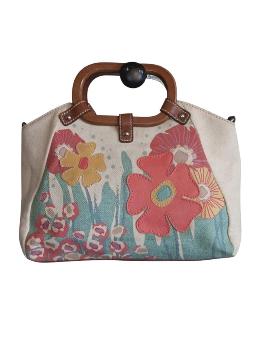 #106 Canvas Floral Appliqué Satchel with Wooden Handles - Pink, Yellow & Teal